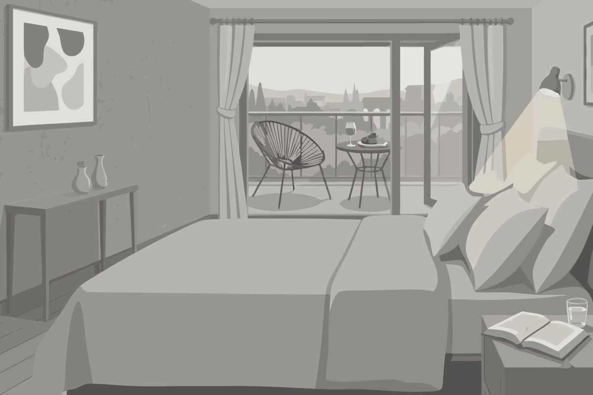 Habitación con cama grande y vistas al mar